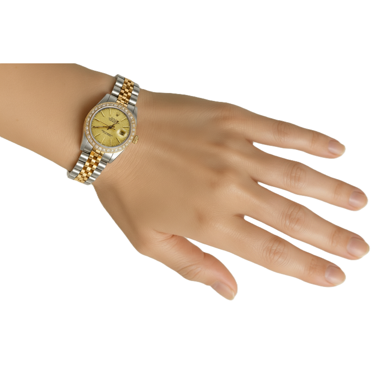 Diamond Bezel Jubilee Ss & Gold Rolex Datejust Stick Dial Lady P2