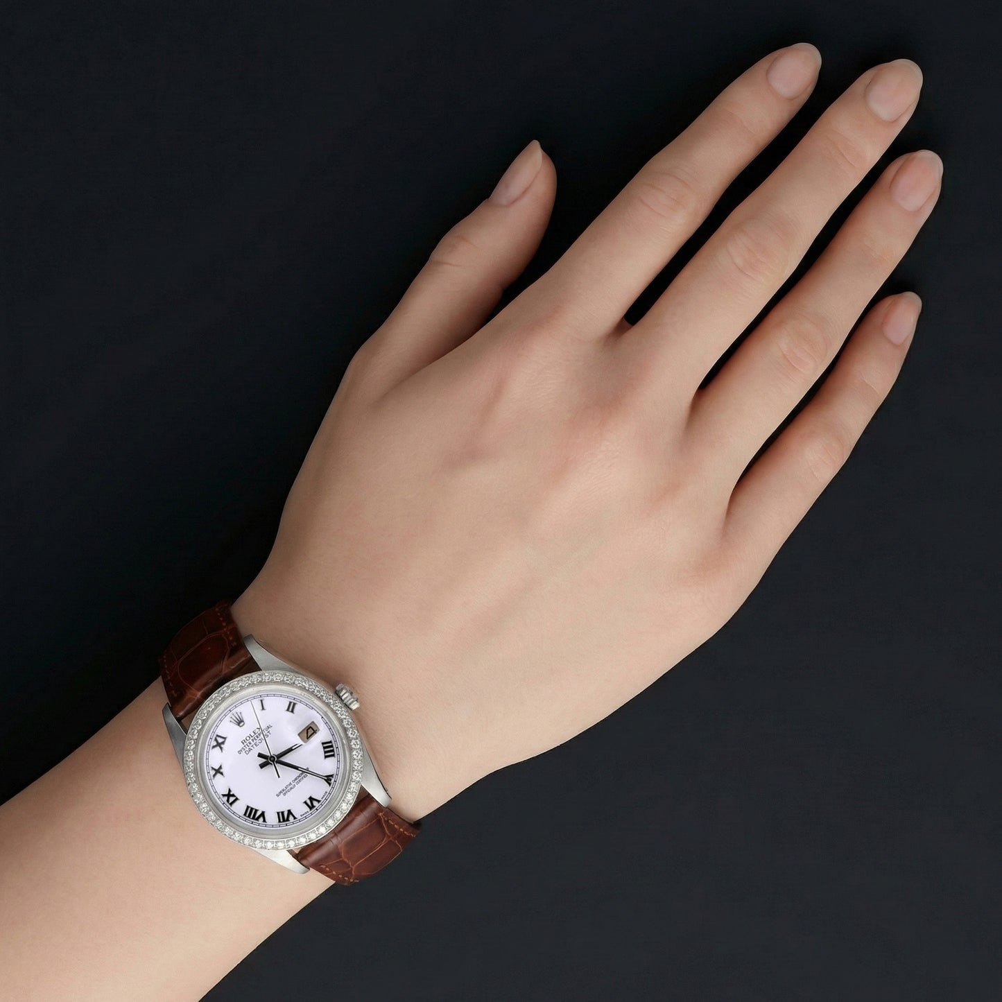 Dj Rolex Roman Dial Diamond Bezel Watch Brown Leather Band Ss QUICK SET