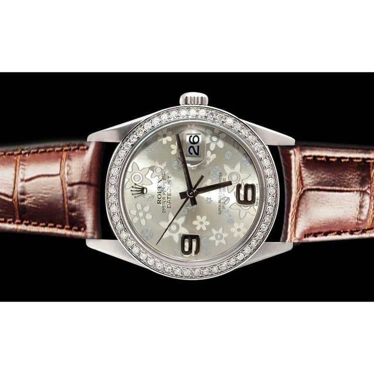 Bezel Men Women Watch Brown Leather Silver