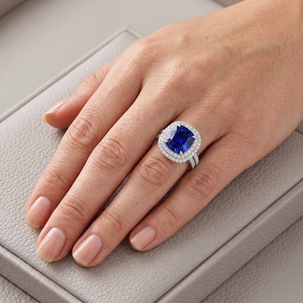 Double Halo Cushion Blue Sapphire Ring Pave Split Shank 4.50 Carats