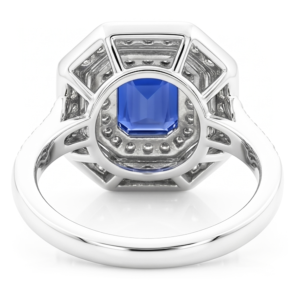 Double Halo Emerald Sapphire Ring 2.50 Carats Round Natural Earth Mined Diamond ( Not Lab Grown )s Prong Set