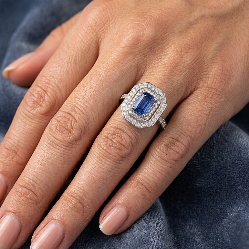 Double Halo Emerald Sapphire Ring 2.50 Carats Round Natural Earth Mined Diamond ( Not Lab Grown )s Prong Set