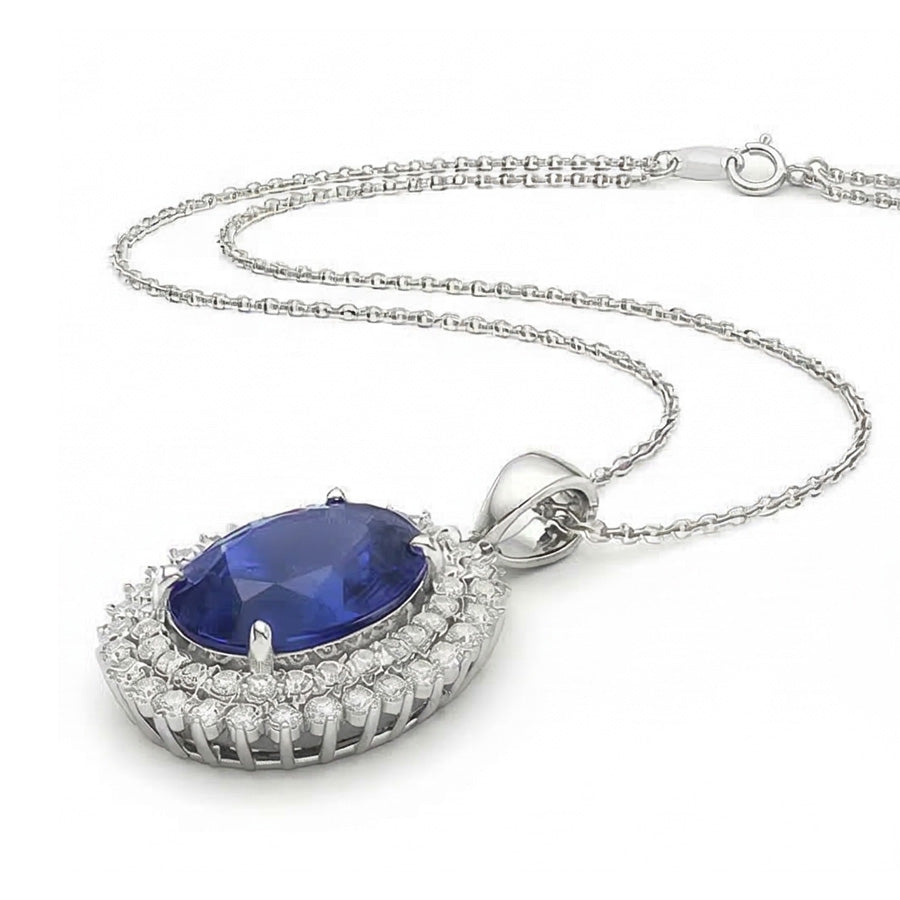 Double Halo Pendant Oval Dark Blue Sapphire & Natural Earth Mined Diamond ( Not Lab Grown ) 4.75 Carats