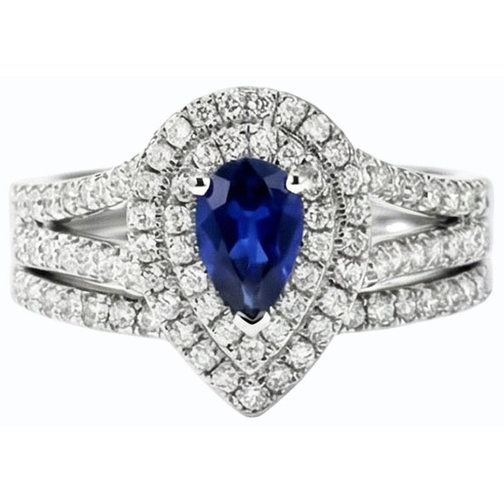 Double Halo Wedding Ring Set Pear Blue Sapphire & Natural Earth Mined Diamond ( Not Lab Grown )s 4.50 Carats