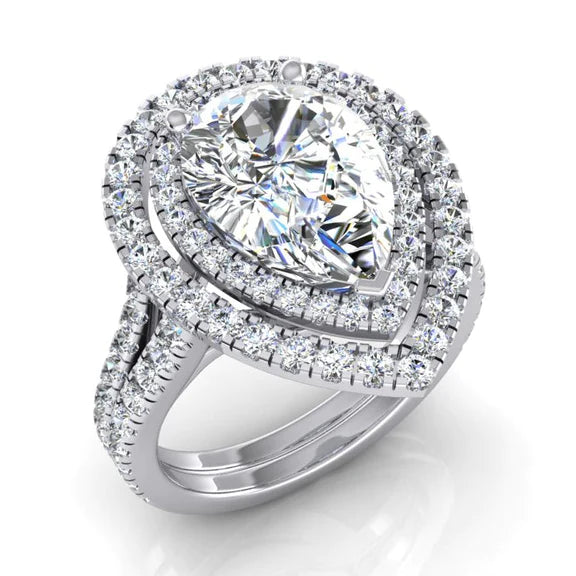Double Halo Pear Real Diamond Engagement Ring Set Gold 14K 6 Carats