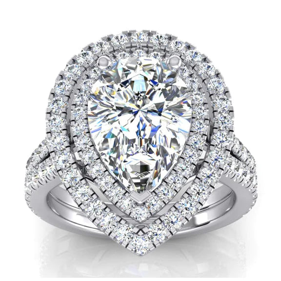 Double Halo Pear Real Diamond Engagement Ring Set Gold 14K 6 Carats