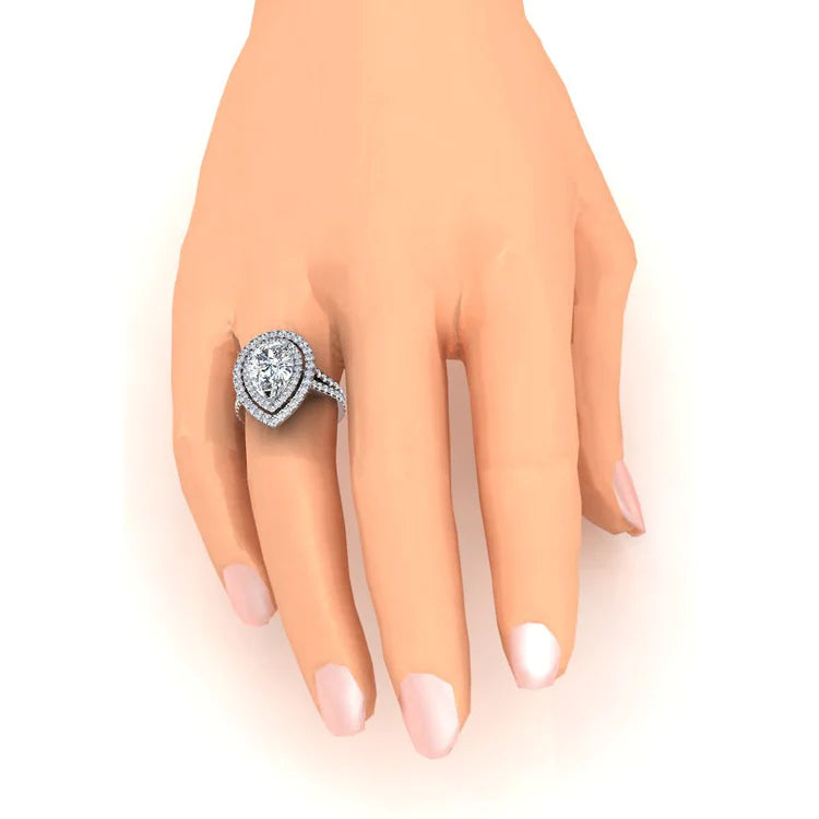Double Halo Pear Real Diamond Engagement Ring Set Gold 14K 6 Carats