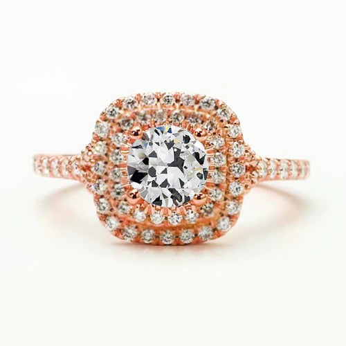 Double Halo Ring Old Mine Cut Real Diamond Rose Gold 3 Carats Jewelry