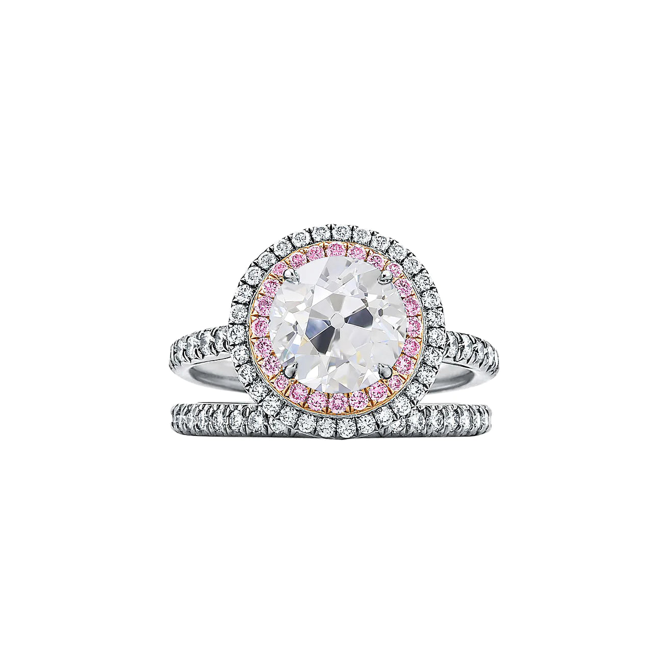 Double Halo Ring Set Old Cut Round Real Diamond & Pink Sapphire 4.50 Carats