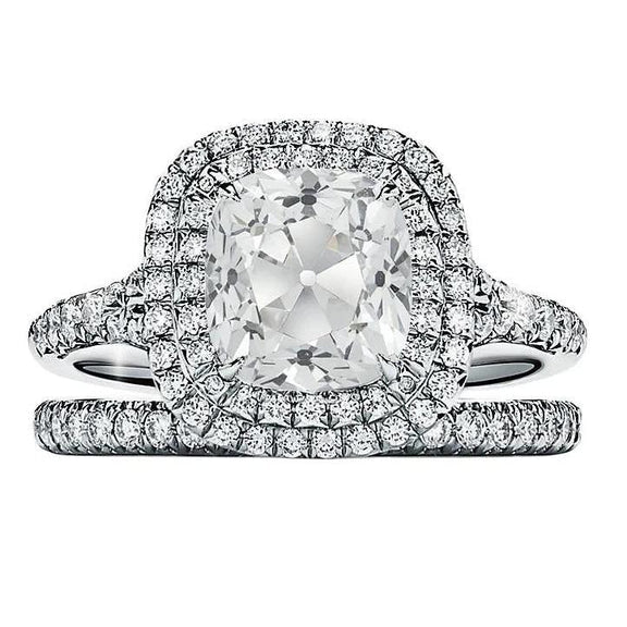 Double Halo Wedding Ring Set Old Miner Real Diamond Pave Set 3.75 Carats
