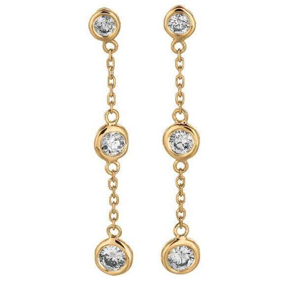 Drop Down Bezel Earrings Round Brilliant Natural Diamond 2 Ct. Yellow Gold 14K