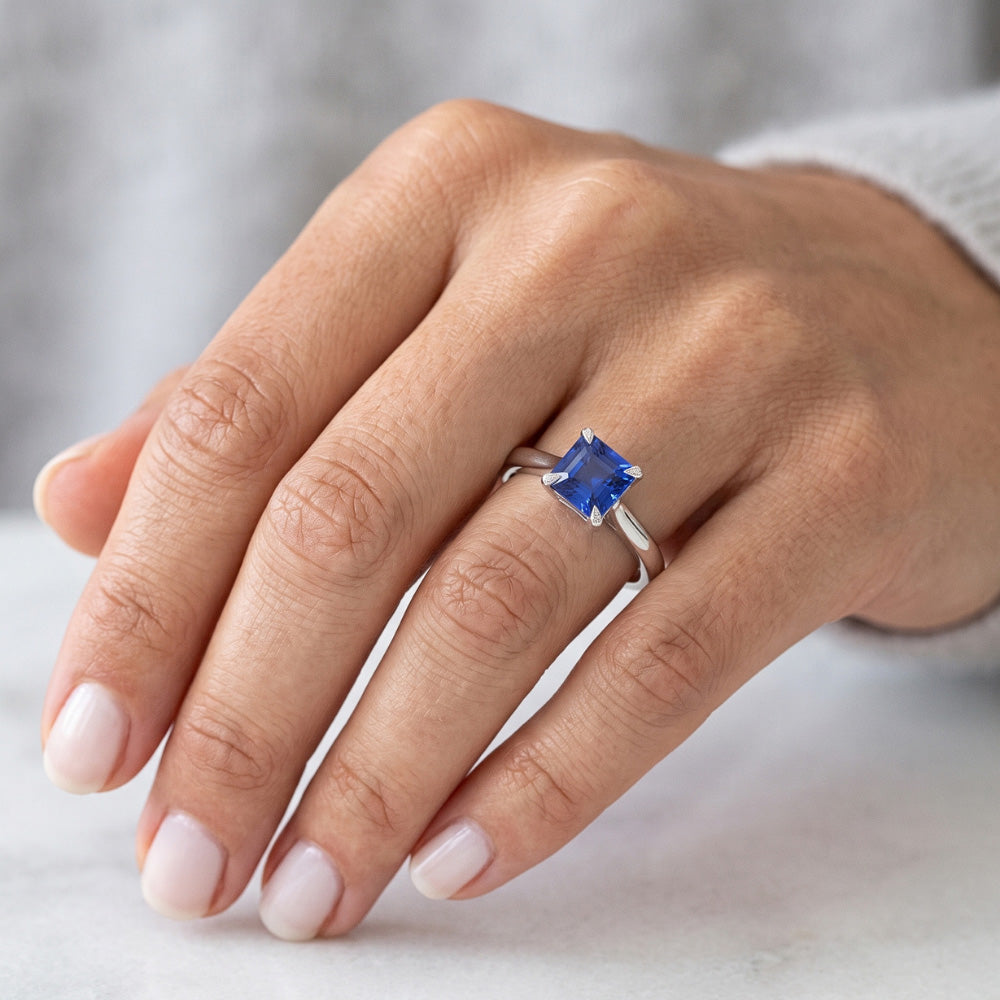 Eagle Claw Prongs Asscher Solitaire Natural Blue Sapphire Ring Jewelry