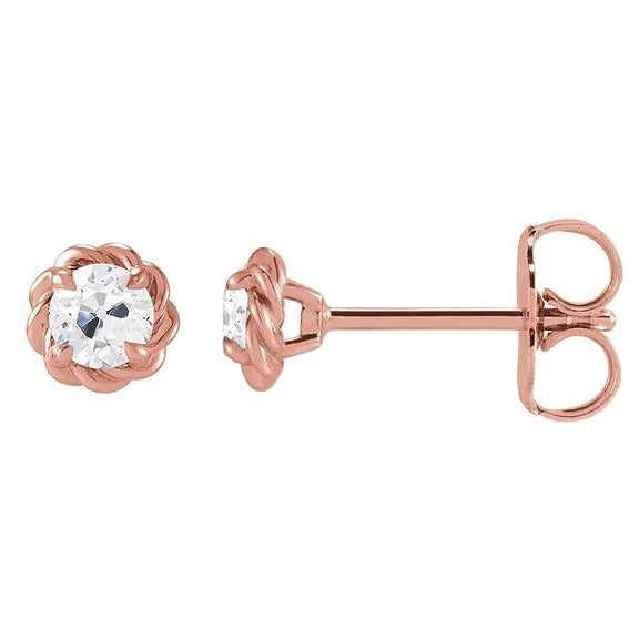 Eagle Claw Prongs Rose Gold Stud Earrings Old Cut Real Diamond