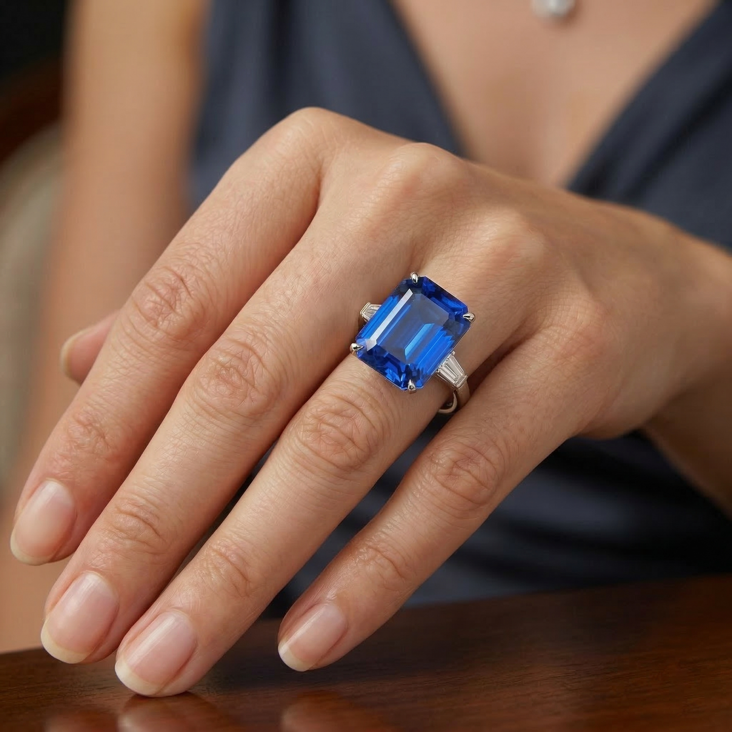 Eagle Claws IGI CERTIFIED Diamond Ring Prong Set Radiant Blue Sapphire 7 Ct Gold 14K