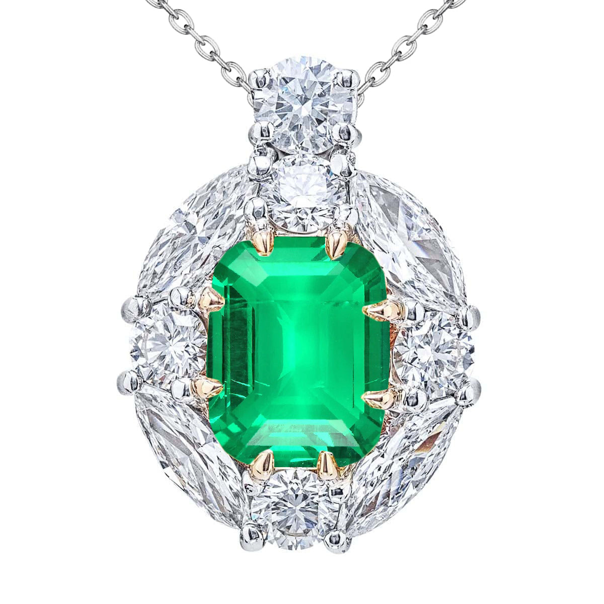 Fine Emerald Step Cut Stone Pendant Necklace in 14K Two Tone Gold – main view