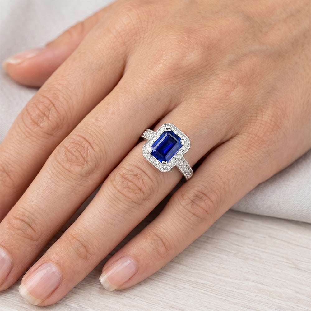 Emerald Cut Blue Sapphire Natural Earth Mined Diamond ( Not Lab Grown ) Engagement Ring 2.20 Carats Gold 14K