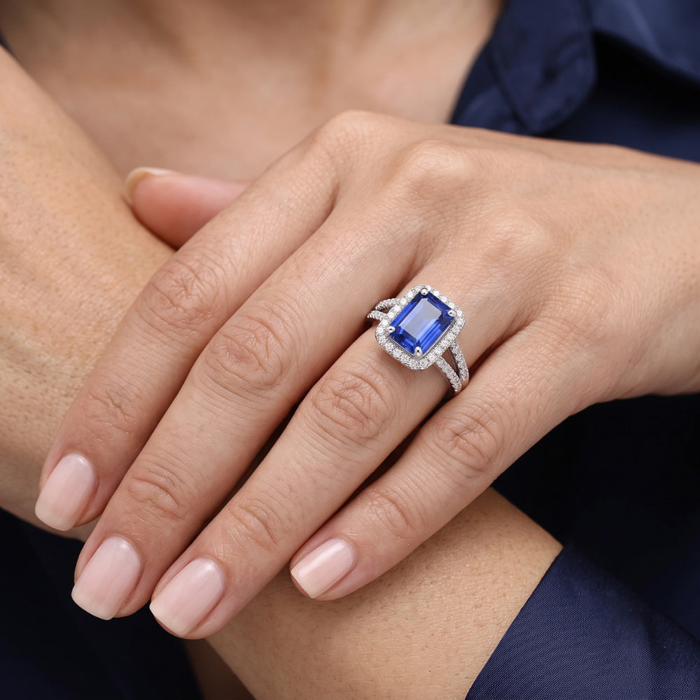 Emerald Halo Engagement Ring Blue Sapphire 4 Carats Double Shank