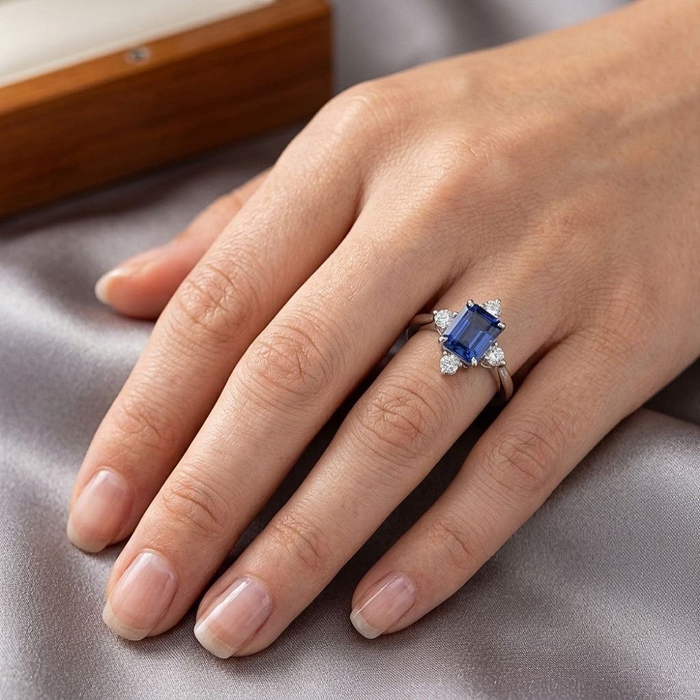 Emerald Sapphire Natural Earth Mined Diamond ( Not Lab Grown ) Ring 5 Stone White Gold 2 Carats Jewelry