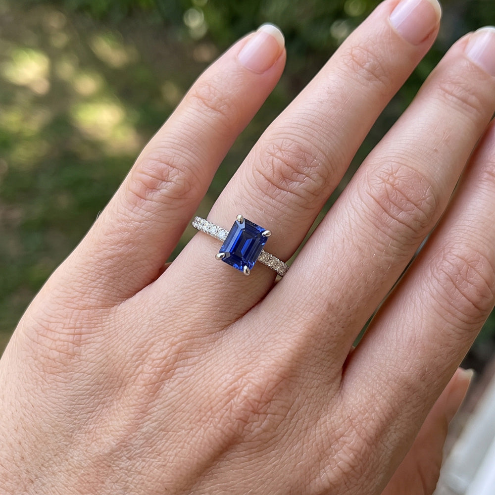 Emerald Solitaire Blue Sapphire Ring & Pave Set Natural Earth Mined Diamond ( Not Lab Grown )s 2.50 Carats