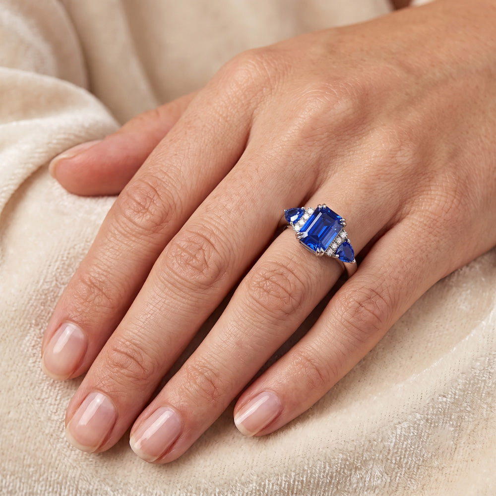 Emerald Three Stone Blue Sapphire Ring & Natural Earth Mined Diamond ( Not Lab Grown )s 3 Carats