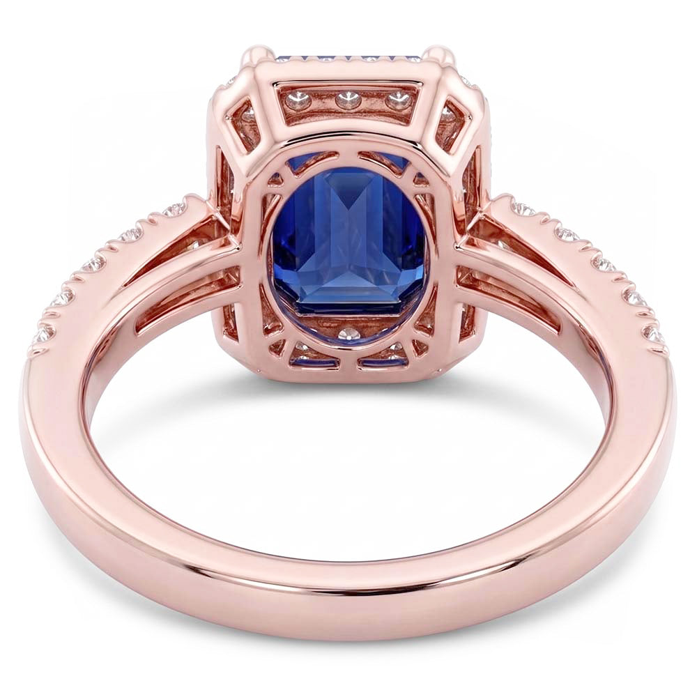 Emerald & Round Natural Earth Mined Diamond ( Not Lab Grown ) Halo Ring Blue Sapphire 3.50 Carats Rose Gold