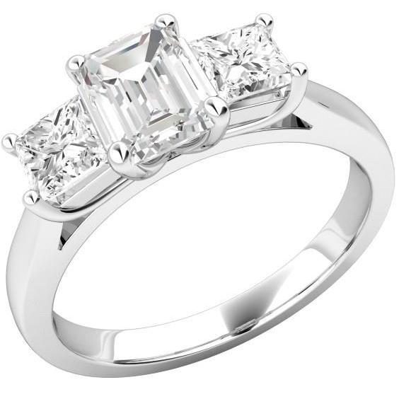 Emerald And Princess 3 Stone 4.25 Ct Real Diamonds Ring White Gold 14K