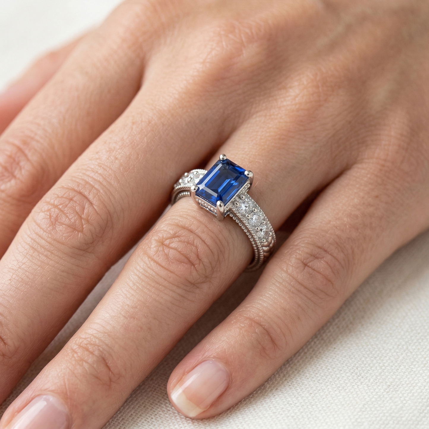 Emerald And Round Cut 2.10 Ct Sri Lanka Sapphire Natural Earth Mined Diamond ( Not Lab Grown ) s Ring Gold