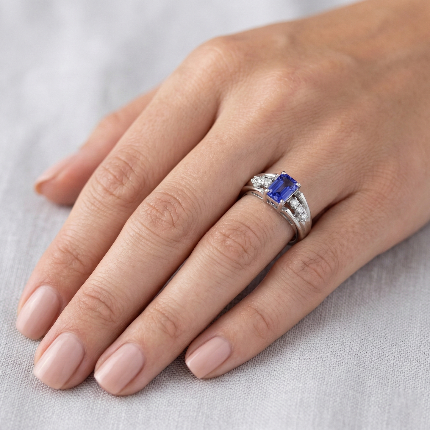 Emerald Cut Ceylon Sapphire With Round Natural Earth Mined Diamond ( Not Lab Grown ) s 1.30 Ct Ring