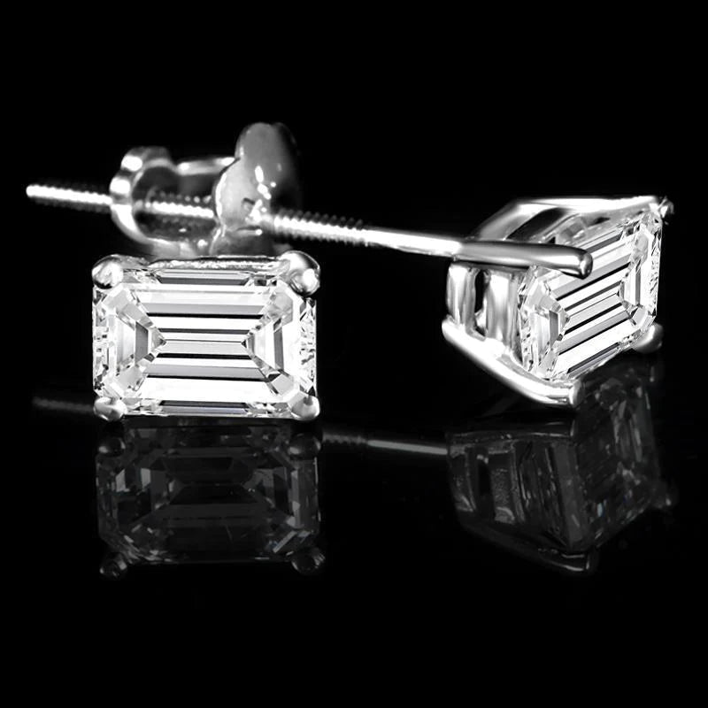 Emerald Cut Real Diamond 2 Ct Stud Earring White Gold 14K Jewelry