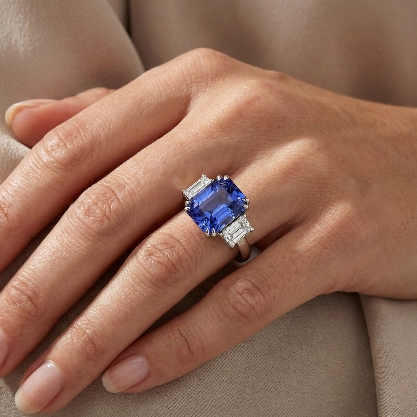 Emerald Natural Earth Mined Diamond ( Not Lab Grown ) Jewelry 3 Stone Ring Radiant Sapphire 5.50 Carats