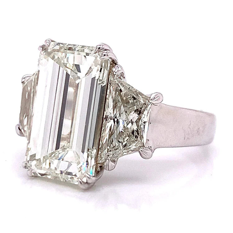 Emerald Trapezoid Big Real Diamond Three Stone Ring 9 Carats