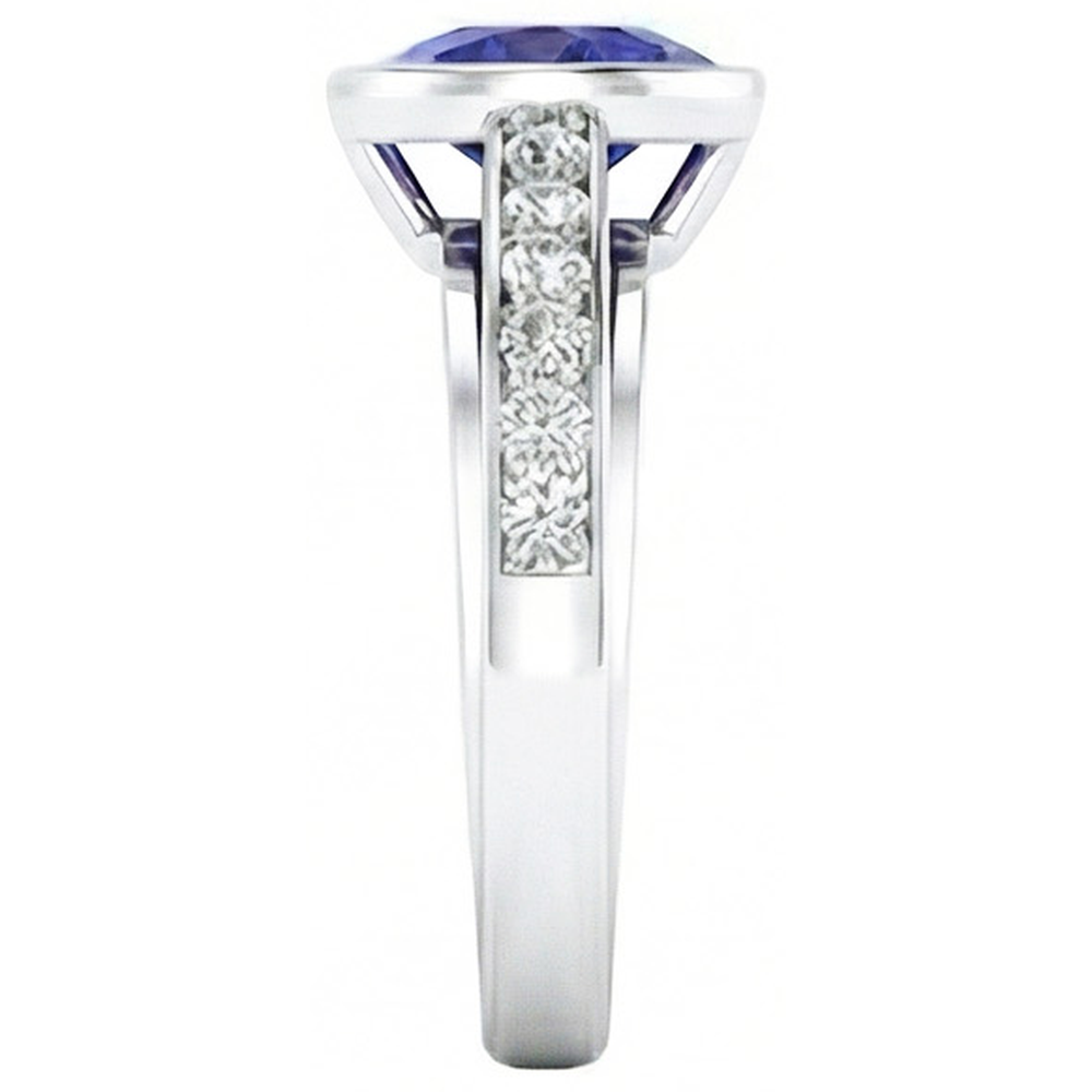 Engagement Ring Bezel Set Deep Blue Sapphire 3.50 Carats Pave Natural Earth Mined Diamond ( Not Lab Grown )s
