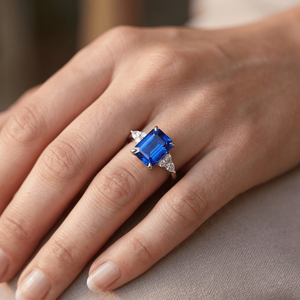 Engagement Ring Floral Style Emerald Blue Sapphire & Natural Earth Mined Diamond ( Not Lab Grown ) 4 Carats