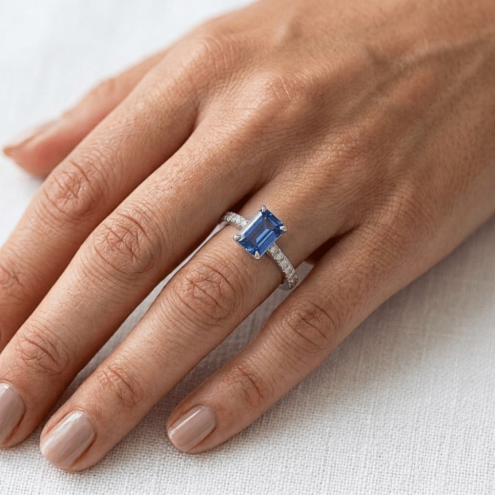Engagement Ring Round Natural Earth Mined Diamond ( Not Lab Grown ) Sri Lankan Sapphire Emerald Cut 3 Carats