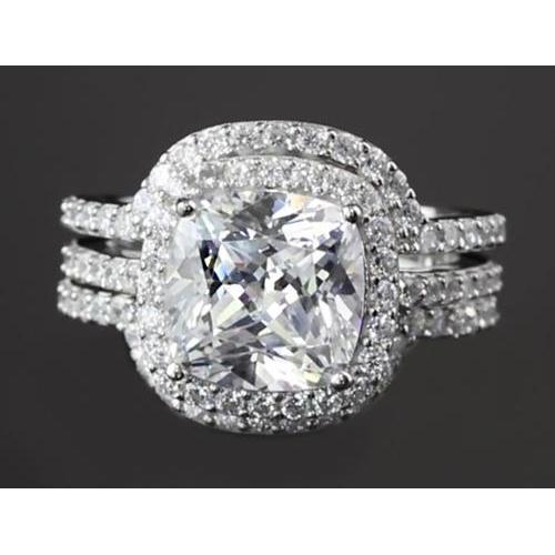 Engagement Anniversary Ring Set Real 5 Carats Cushion Cut White Gold 14K