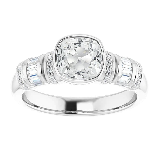 Engagement Ring Baguette & Cushion Real Old Cut Diamond Bezel Set 4.50 Carats