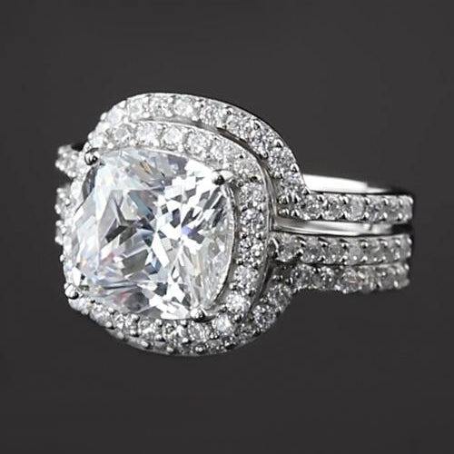 Engagement Anniversary Ring Set Real 5 Carats Cushion Cut White Gold 14K