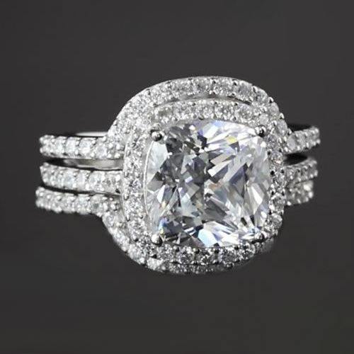 Engagement Anniversary Ring Set Real 5 Carats Cushion Cut White Gold 14K