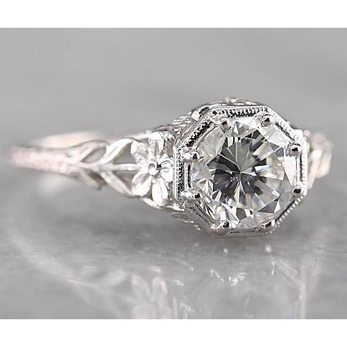 Filigree Round Natural Diamond Ring 1.50 Carats White Gold
