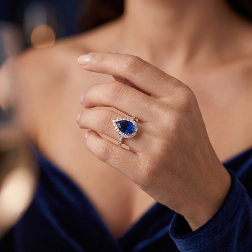 Gemstone Halo Pave Set Natural Earth Mined Diamond ( Not Lab Grown ) Ring Pear Ceylon Sapphire 5.50 Carats