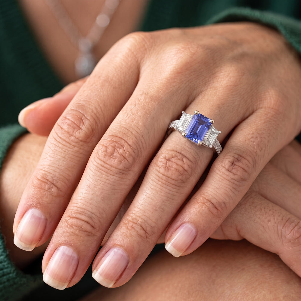 Gemstone Radiant Sapphire Ring Emerald & Round Natural Earth Mined Diamond ( Not Lab Grown )s 3 Carats