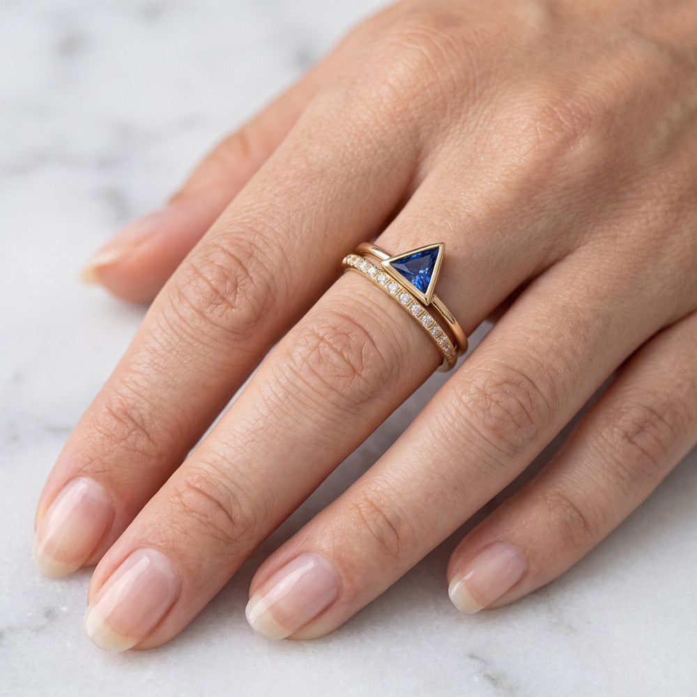 Gemstone Ring Trillion Bezel Set Blue Sapphire 1 Carat Natural Earth Mined Diamond ( Not Lab Grown )s Gold