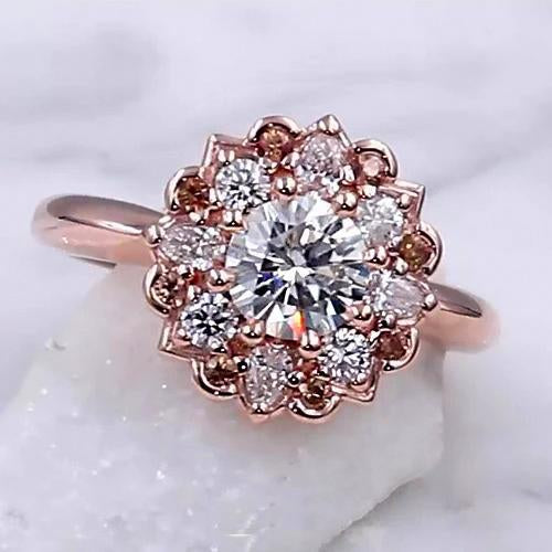 Genuine Diamond Engagement Ring 2 Carats Halo Lotus Flower Rose Gold