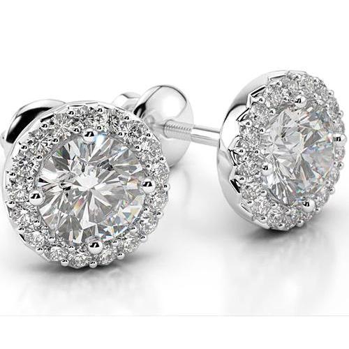 Genuine Diamond Stud Halo Earrings 4 Carats White Gold 14K Women