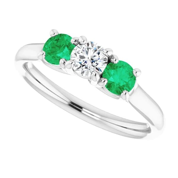 Genuine Three Stone Diamond Emerald Ring 2.40 Carats White Gold 14K