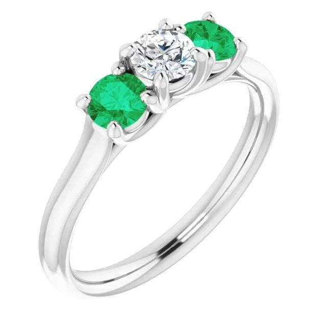 Genuine Three Stone Diamond Emerald Ring 2.40 Carats White Gold 14K