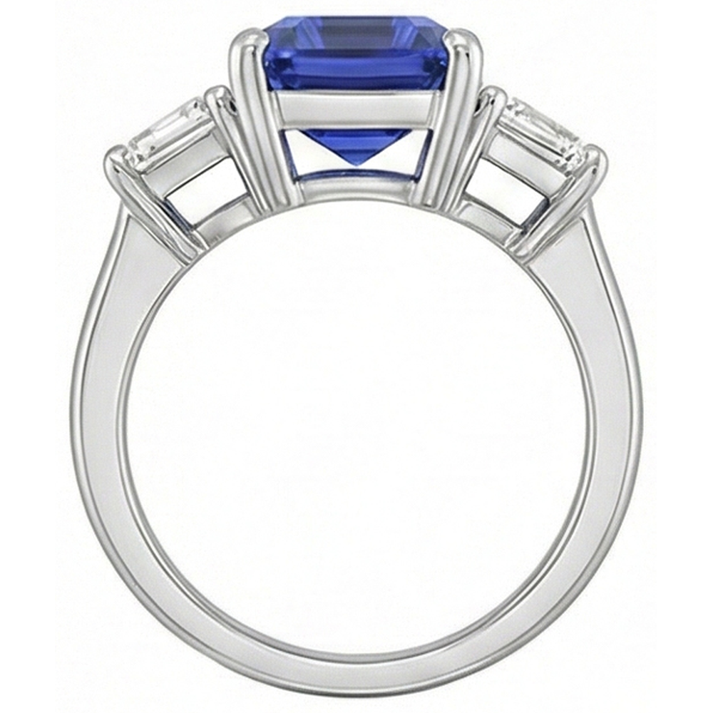 Gold 3 Stone Emerald Ring Blue Sapphire & Trapezoid Natural Earth Mined Diamond ( Not Lab Grown )s 4 Carats