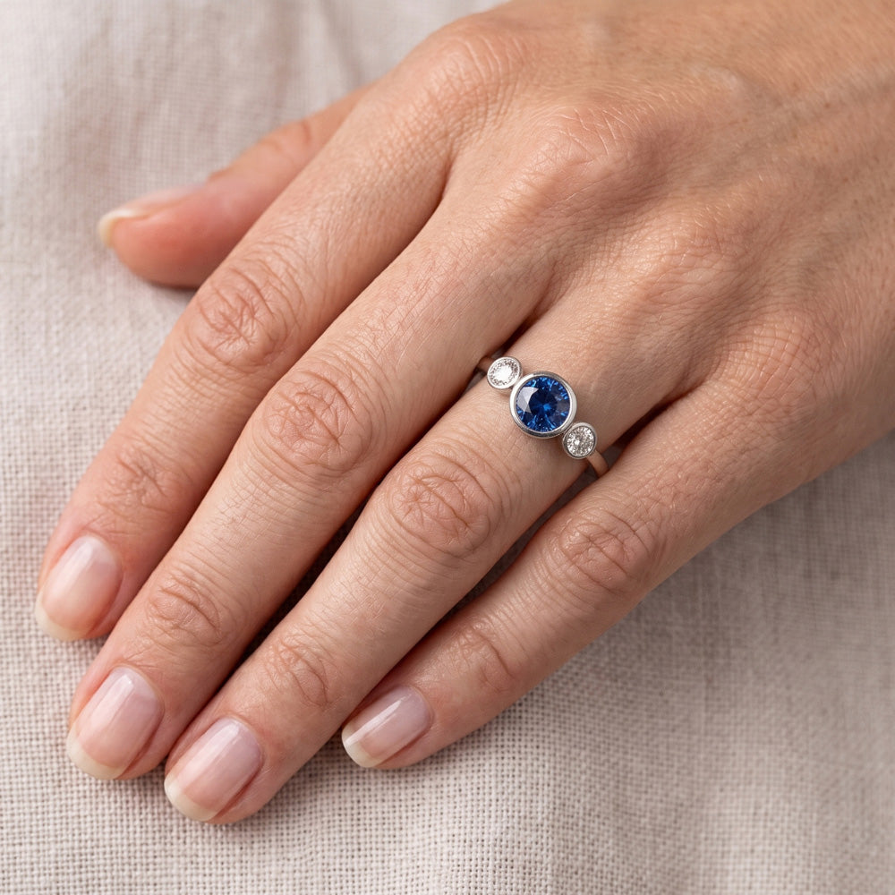 Gold Gemstone Ring Bezel Set Natural Earth Mined Diamond ( Not Lab Grown ) s & Sapphire 3 Stone 1....