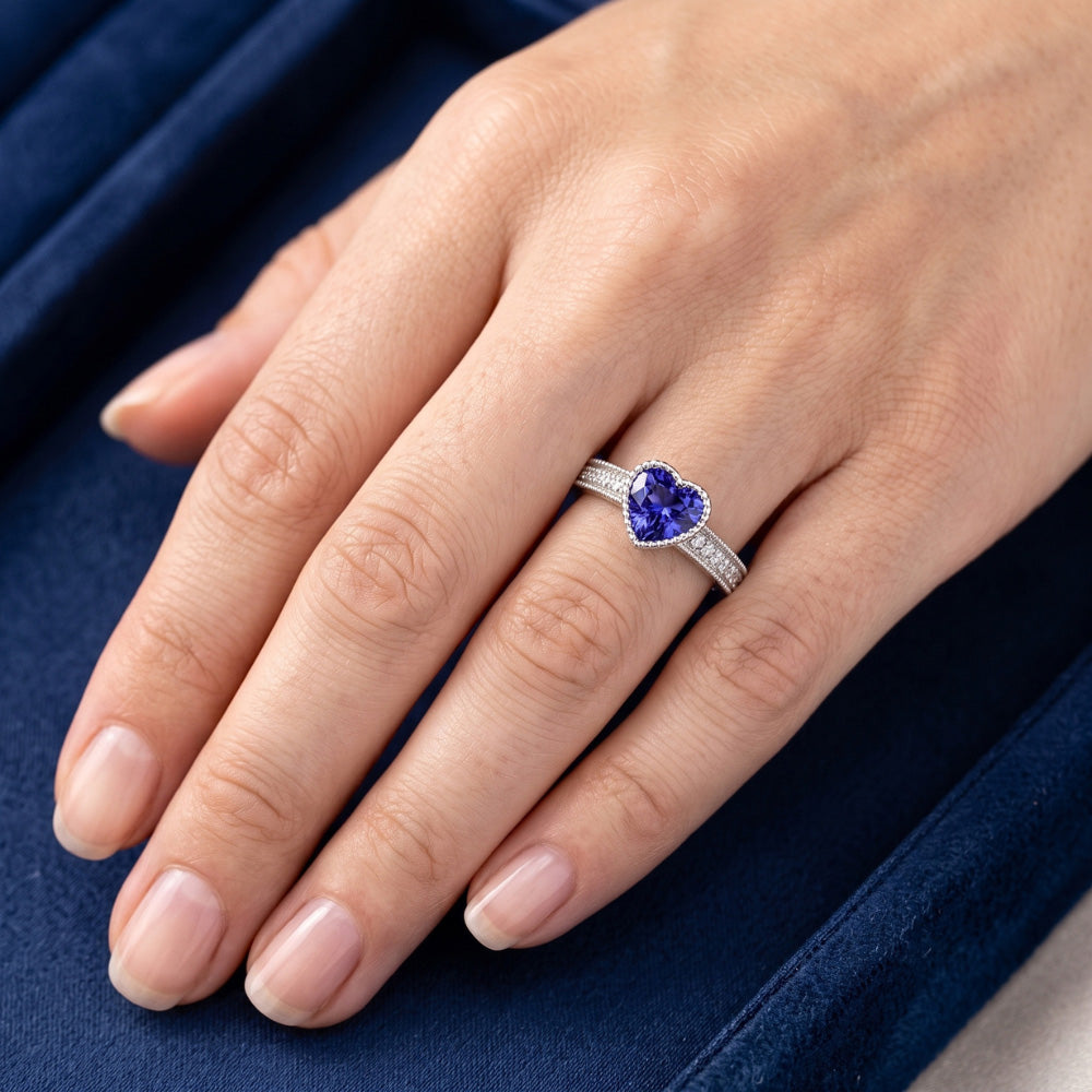 Gold Halo Bezel Set Heart Sri Lankan Sapphire Ring 2 Carats Natural Earth Mined Diamond ( Not Lab Grown )s