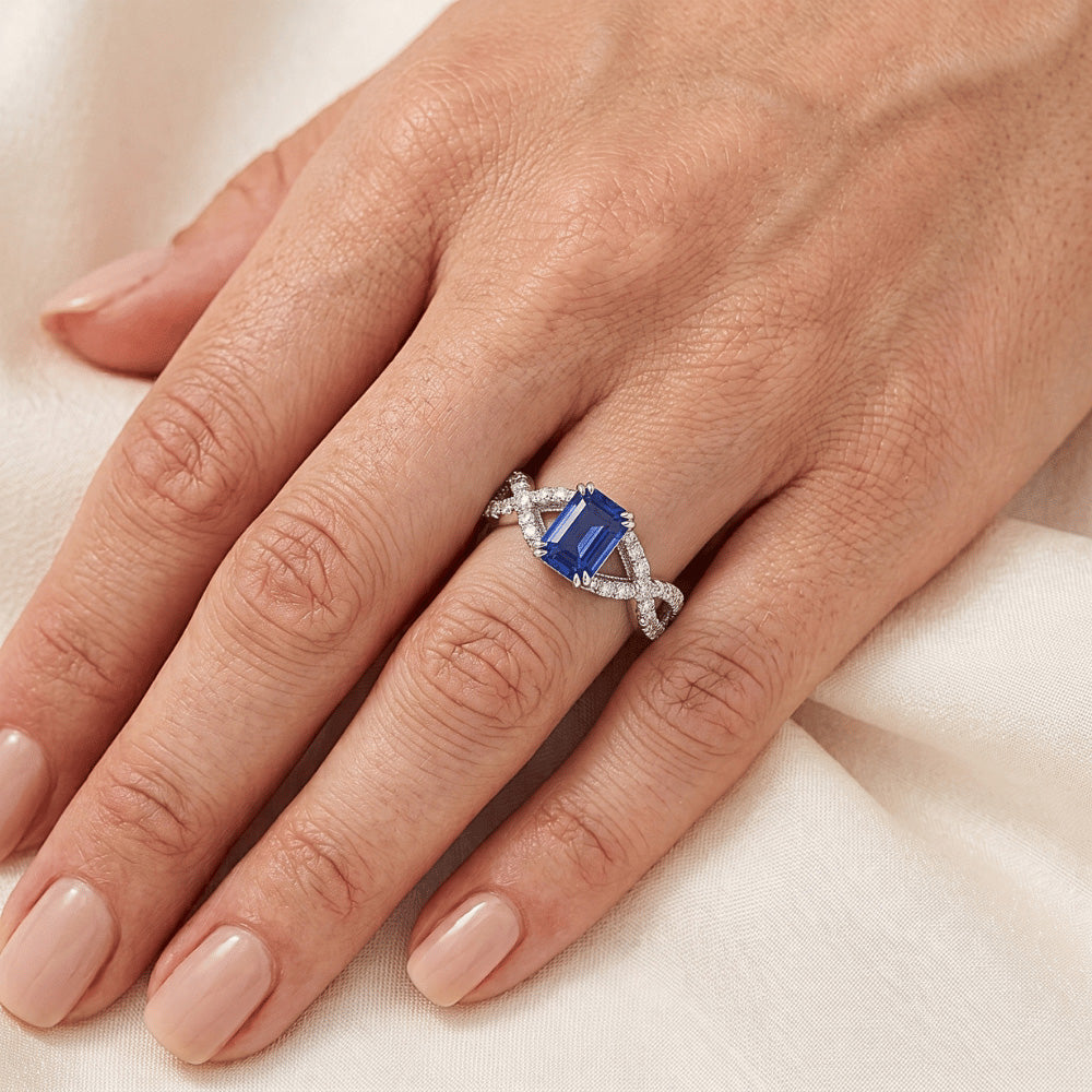 Gold Natural Earth Mined Diamond ( Not Lab Grown ) Wedding Ring Emerald Cut Blue Sapphire Gemstone 3 Carats
